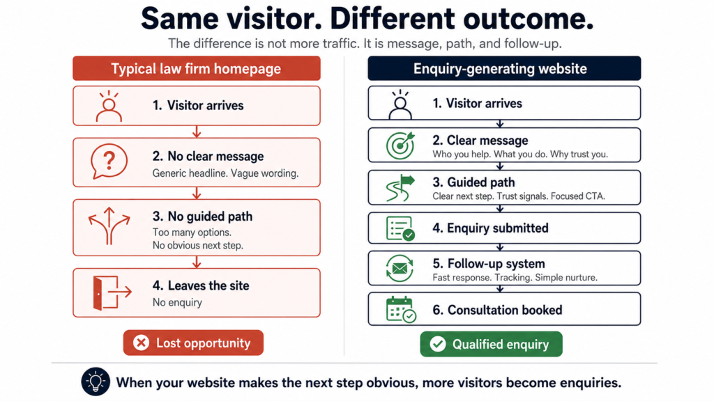 Same visitor. Different outcome. The difference is not more traffic. It is message, path and follow-up.