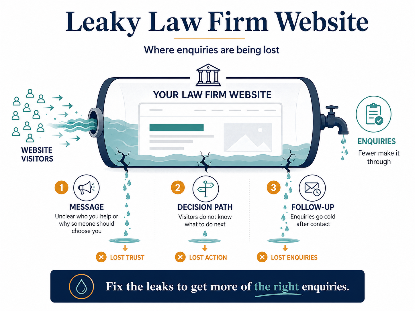 Leaky Law Firm Website infographic showing three leaks losing enquiries: unclear message causes lost trust, no decision path causes lost action, poor follow-up causes lost enquiries